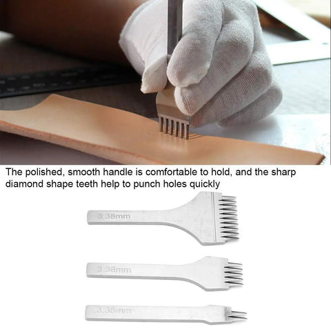 Close-up of 3.38mm pricking iron in use, part of Pro Grade Leather Pricking Iron Set French Style Stitching Chisel Hole Punch Kit