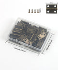 Fifty Piece Mini Bronze Butt Hinges With Two Hundred Matching Screws Top Shelf Gear For Diy Crafts Jewelry Boxes Wooden Cases And Dollhouse Builds Heavy Duty Hardware That Truly Holds Tight in a clear storage box.