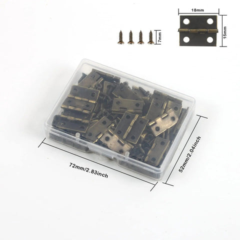 Fifty Piece Mini Bronze Butt Hinges With Two Hundred Matching Screws Top Shelf Gear For Diy Crafts Jewelry Boxes Wooden Cases And Dollhouse Builds Heavy Duty Hardware That Truly Holds Tight in a clear storage box.