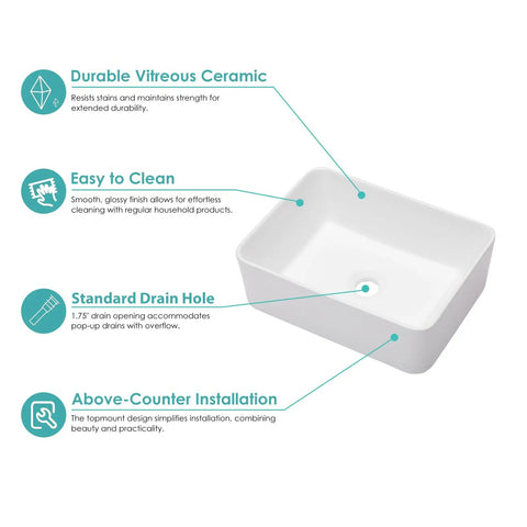 Rectangular White Vessel Sink 16 By 12 Inch Modern Above Counter Porcelain Ceramic Vanity Basin For Home Bathroom Remodel Easy To Clean Non Porous Glaze Durable Sleek Contemporary Countertop Sink showcasing features