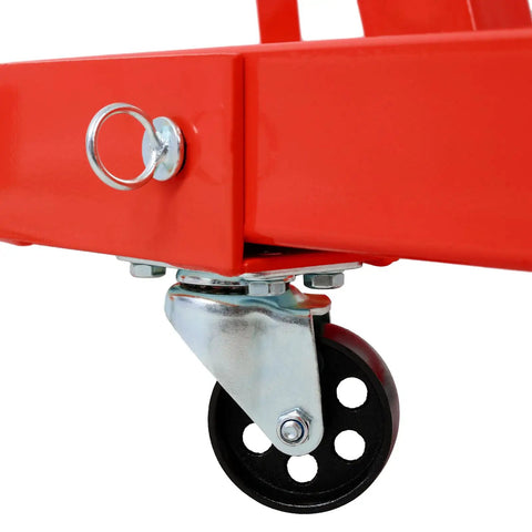Close-up of Heavy Duty 2 Ton Folding Hydraulic Engine Hoist Cherry Picker Crane wheel and frame detail.