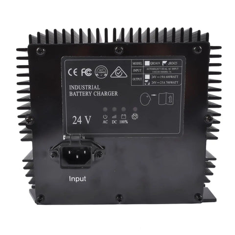 Jobsite Ready Hb600 24V 25A Scissor Lift Battery Charger Replacement For Genie Skyjack Jlg Lifts, industrial charger back view with input output.