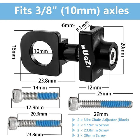 Two Pack Single Speed Bicycle Chain Tensioner Adjuster Regulator For BMX Fixed Gear Bikes, Aluminum Alloy Black, with screws
