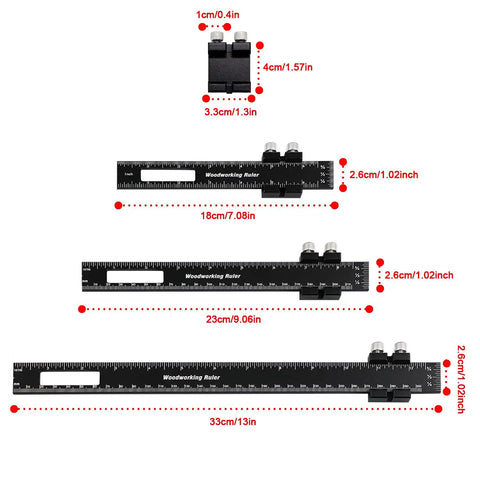 Pocket Woodworking Ruler With Adjustable Sliding Head And Locking Stop, three sizes, black metal, metric and imperial scales.