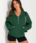 Womens Half Zip Cropped Fleece Pullover Hoodie Sweatshirt in Dark Green with kangaroo pocket and relaxed fit design.
