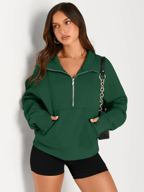 Womens Half Zip Cropped Fleece Pullover Hoodie Sweatshirt in Dark Green with kangaroo pocket and relaxed fit design.