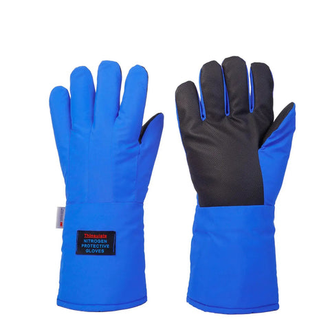 Four Layer Cryogenic Gloves For Liquid Nitrogen Handling And Cold Storage Safety Extreme Low Temperature Protection From Minus 196 To 148 Celsius Black Mid Arm Length Durable Lab Grade Protective Gloves For Ice Bath And Industrial Use shown front and back with black palm detail, blue nylon Taslon outer.