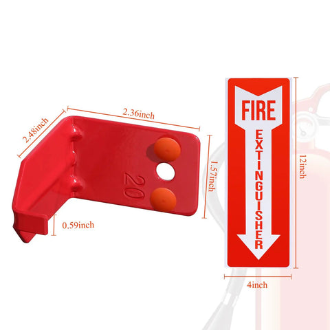 Red wall mount bracket with sign for 2 Pack Fire Extinguisher Holder And 4 Sign Stickers, Heavy Duty Wall Mount Brackets For 5 To 20 Lb Extinguishers.