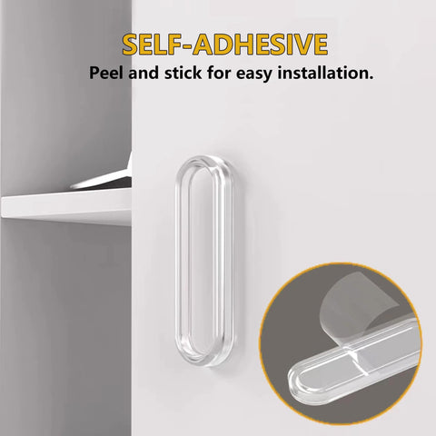 Four Clear PU Self Adhesive Recessed Finger Pulls 7.5x2.5 Cm Oval Sliding Door Handles shown on white surface, close-up with installation detail