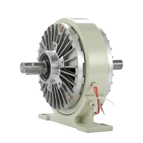 Magnetic powder brake with base, gray metal housing, DC24V, left drive shaft visible.