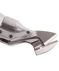 Close-up of heavy duty cordless electric shears cutting head, stainless steel design for snipping metal sheets fast.