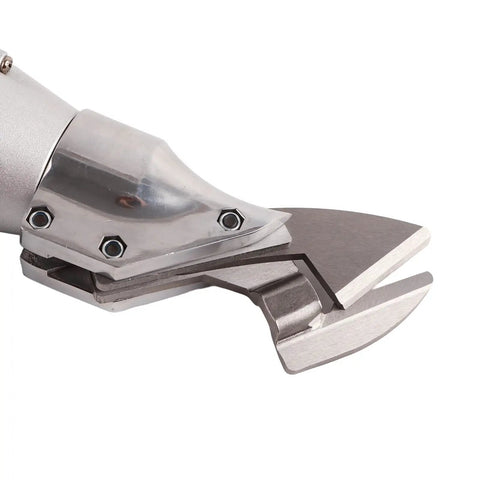 Close-up of heavy duty cordless electric shears cutting head, stainless steel design for snipping metal sheets fast.