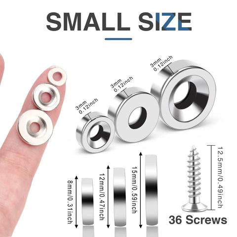 36 Piece Heavy Duty Neodymium Magnet Set With Holes In Three Sizes shown on finger, includes screws