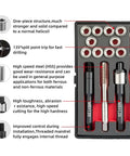 Front view: SENNMONN M8x1.25 thread repair kit in case with 10x11.7mm stainless inserts, HSS drill, tap and driver.
