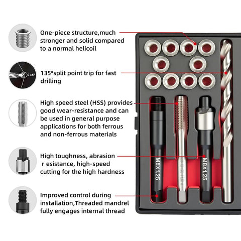 Front view: SENNMONN M8x1.25 thread repair kit in case with 10x11.7mm stainless inserts, HSS drill, tap and driver.
