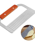 Wavy crinkle-cut slicer with wooden handle, front view, stainless steel blade for potatoes and vegetables