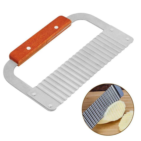 Wavy crinkle-cut slicer with wooden handle, front view, stainless steel blade for potatoes and vegetables