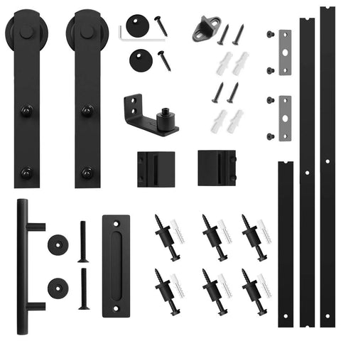 8 Ft Heavy Duty Sliding Barn Door Hardware Kit Black Finish Fits 42 To 48 Inch Doors Includes Pull Handle Set And Floor Guide