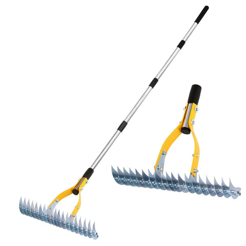 Thatch Rake 15 Inch Wide Dethatcher For Cleaning Dead Grass Leaves And Debris Loosens Soil With Steel Tines And Stainless Steel Handle