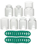Quartz TIG Glass Cup Set For SR WP 9 17 18 20 25 26 Torch, 27-Piece Kit with clear cups and green O-rings displayed