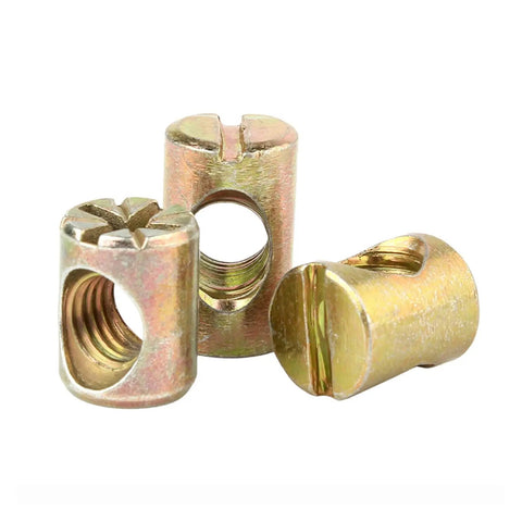 Close-up of slotted zinc-plated barrel nuts for furniture cross dowel set, heavy duty and strong joints for DIY woodworking projects.
