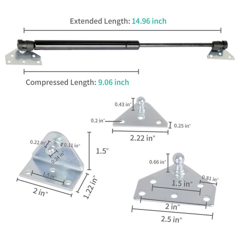 Heavy Duty Gas Struts And Gas Shock Lift Supports delivering 33 Pound Lift Force With 15 Inch Stroke showing extended and compressed lengths.
