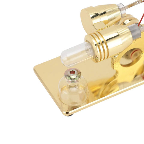 LED Powered Stirling Engine Model With Flywheel Light Up Demonstration For Science Projects Power Generator Educational Toy For Kids And Adults Aluminum Alloy Glass Gold Finish gold base and burner