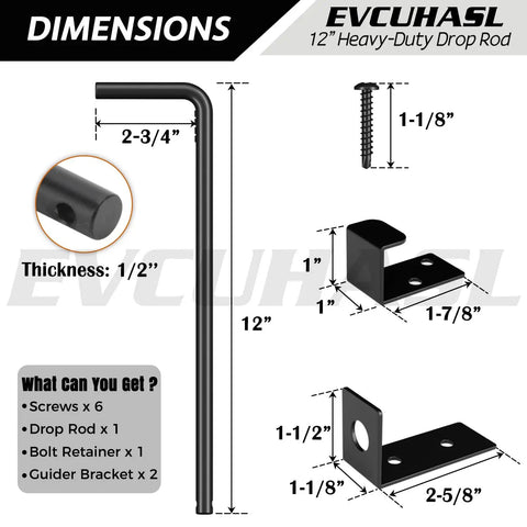 Keep Your Backyard Gate Locking Down Tight With This Straight Up Tough 12 Inch Cane Bolt Drop Rod Solid Steel Security Stopper For Wood Metal Vinyl Fences No Rust Just A Ridiculously Strong Ground Latch That Works Like A Champ: Dimensions of a 12 inch heavy-duty drop rod, showing steel thickness and accompanying components.
