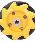 Mecanum wheel for robot cars; yellow ABS center with black rubber tire, front view.