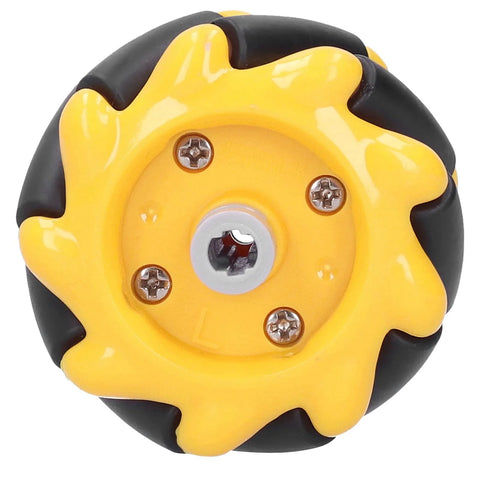 Mecanum robot wheel front view, yellow wheel with black rubber tire, 48mm diameter
