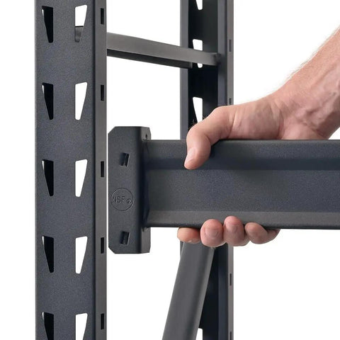 IIndustrial Grade Heavy Duty Steel Wireless Shelving Rack 77 X 24 X 72 Inches Black Commercial Storage Rack For Garage Workshope, close-up on adjustable support.
