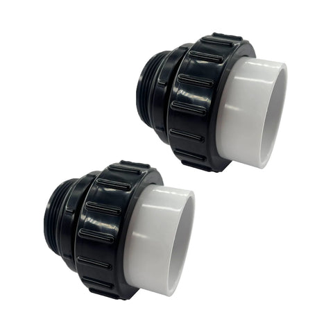 Two 2-inch MIP x 2-inch PVC hi-temp pool pump unions with black threaded collars and white socket ends.