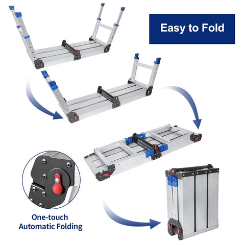 Beefy Foldable Aluminum Work Platform With 500 Lb Capacity Non Slip Surface Adjustable Height Heavy Duty Portable Step Ladder folded and open