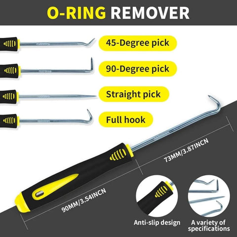 O-ring remover tools with handles and various pick angles shown, suitable for use with Heavy Duty Fluorocarbon FKM O Ring Kit With 386 Pcs And 30 Sizes 75 Durometer Assortment For Auto Engines Cylinders Hydraulic Plumbing Faucets And Chemical Applications Oil And Heat Resistant.