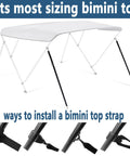 Two Hook Adjustable Bimini Boat Top Straps 23 To 60 Inches installation guide with canopy and strap close-ups