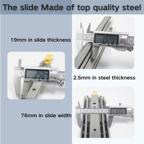 Calipers measuring Beefy Heavy Duty Drawer Slides From 10 To 72 Inches With Lock 220kg Load Capacity Full Extension Ball Bearing Side Mount Rails Built Tough For Smooth Safe Drawer Operation