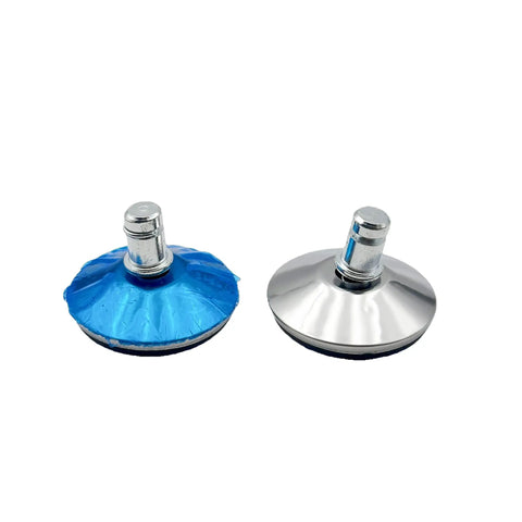 5 Pack 2 Inch Bell Glides For Office Chair Low Profile Caster Replacement Turn Rolling Wheels Into Rock Solid Stationary Feet Lock Your Chair Down On Wood Floors Silver - close-up of glides with blue and silver finishes