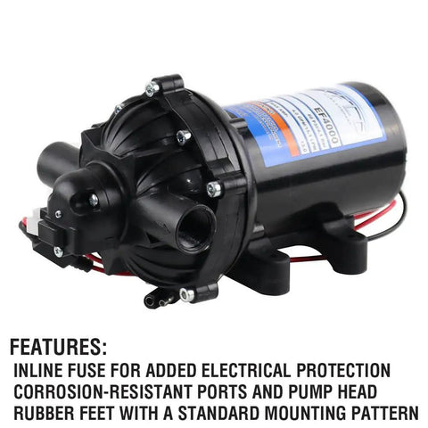 Beefy 4.0 GPM 12V Diaphragm Pump With Half Inch NPT Ports, Self Priming Up To Eight Feet, Boxed Unit, features shown