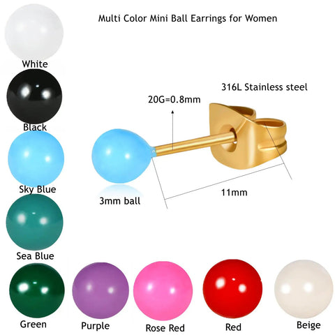 Dope Dainty Ball Stud Earrings Set For Women And Men, 3mm Tiny Black Hand Painted Enamel Color, Hypoallergenic Surgical Steel With 14K Gold Plated Option, Great For Second Piercings And Multiple Holes, Everyday Cute Jewelry. 3mm black ball stud, 316L stainless steel
