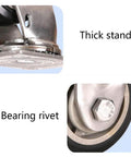 Heavy Duty 304 Stainless Steel Caster Wheels With Thick Base Plate Smooth Gliding Flat Cart Casters showing thick stand and bearing rivet.