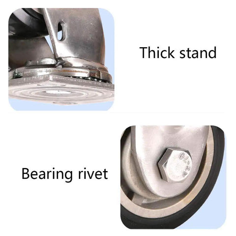 Heavy Duty 304 Stainless Steel Caster Wheels With Thick Rust Proof Flat Mounting Plates And Double Shielded Bearings, showcasing thick stand and bearing rivet.