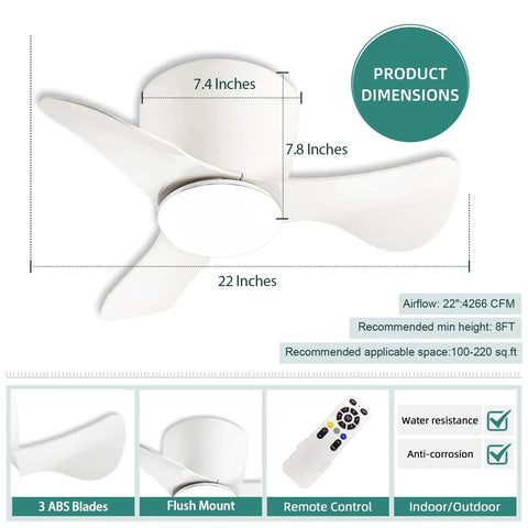 Dimensions diagram of Flush Mount Ceiling Fan With Lights 22 Inch Compact Yet Mighty Small Ceiling Fan With Remote And App Control