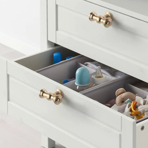 Open dresser with Dope 10 Pack Brushed Brass Cabinet Knobs For Kitchen Cabinets And Dressers, gold tone hardware visible