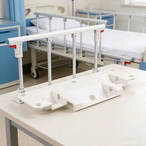 Adjustable Bed Rail Brackets For Home Beds on table in care setting, white aluminum material, drop-down safety rails visible