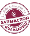 J.J. Keller & Associates satisfaction guaranteed seal logo with text in maroon and white color scheme.