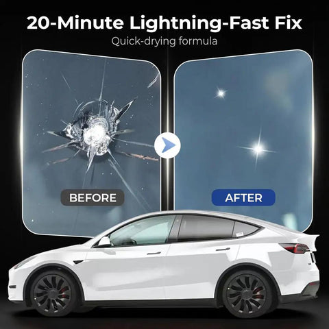DIY Windshield Crack Repair Kit For All Crack Types With Repair Liquid Fix Chips And Small Cracks Before They Spread Glass Repair Kit For Car Windows Mirrors And Glass Surfaces Two Sets Included showing before and after results on a car windshield.