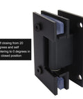 Close-up of black 2 Pack Glass Shower Door Hinges With Mounting Hardware In Black For Three Eighths To One Half Inch Glass, showing self-closing feature.