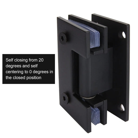 Close-up of black 2 Pack Glass Shower Door Hinges With Mounting Hardware In Black For Three Eighths To One Half Inch Glass, showing self-closing feature.