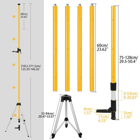 Pro Grade Telescoping Laser Level Pole with tripod for precise onsite alignment, 12 foot reach, adjustable height, shown disassembled