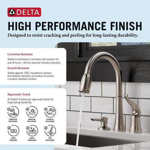 High performance finish information for Rugged Brushed Nickel Kitchen Faucet With Butter Smooth Pull Down Spray And Built In Soap Dispenser.